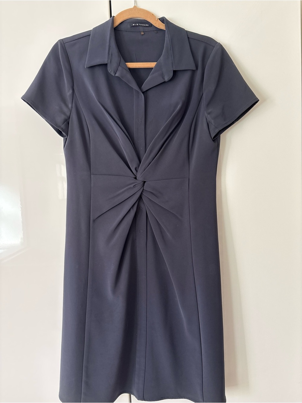 Tahari Navy Twist-Front Short Sleeve Dress